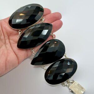 Black Onyx Bracelet, Sterling Silver, Vintage: Massive Big Stones Wide Link